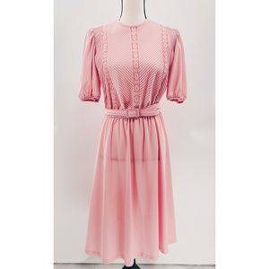 Cathy Sue Vintage Dusty Pink 70's Lace Accents 3/4 Sleeves Below the Knee Dress